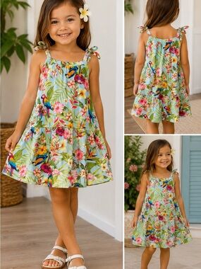 Girls' Tropical Floral Tie-Shoulder Dress - Blue Multi